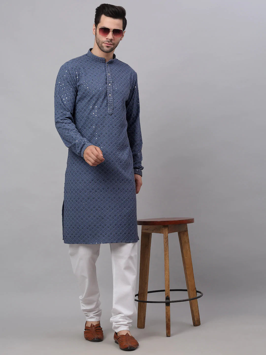 Men's Grey Chikankari Embroidered and Sequence Kurta with Churidar ( JOKP 678 Grey ) - Virat Fashions