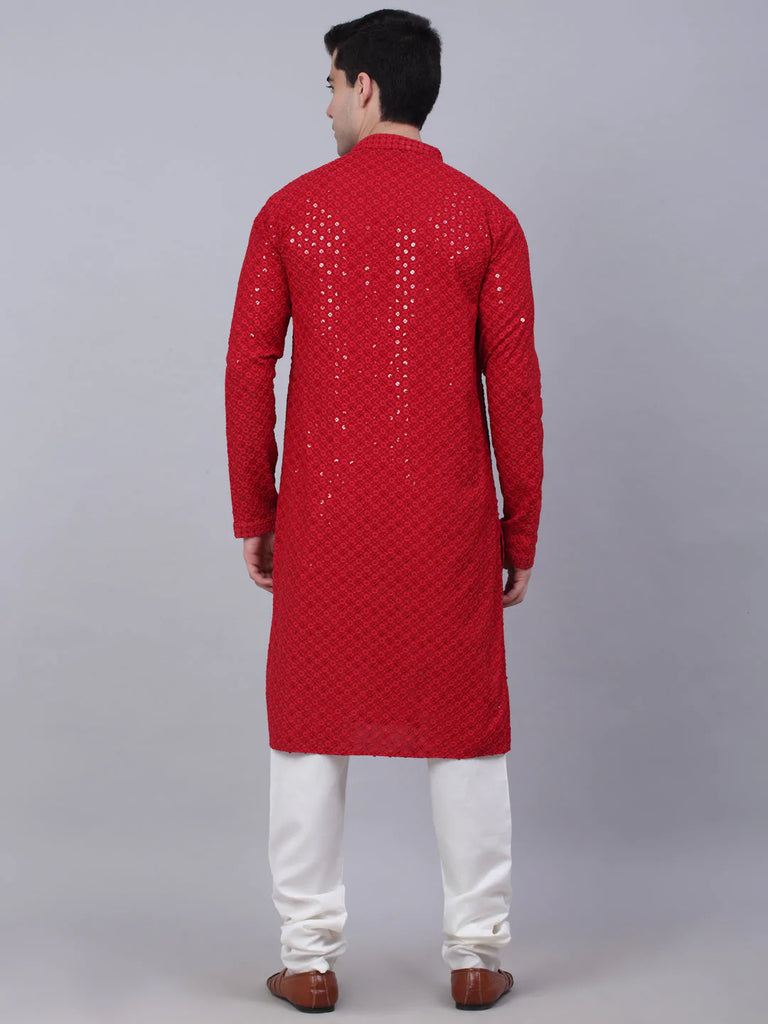 Men's Maroon Chikankari Embroidered and Sequence Kurta with Churidar ( JOKP 678 Maroon )