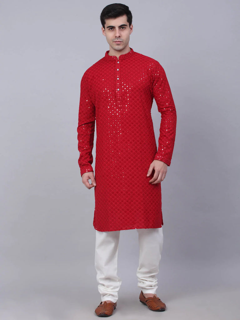 Men's Maroon Chikankari Embroidered and Sequence Kurta with Churidar ( JOKP 678 Maroon )