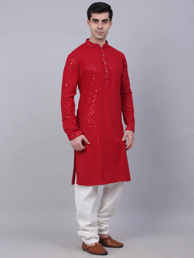 Men's Maroon Chikankari Embroidered and Sequence Kurta with Churidar ( JOKP 678 Maroon )
