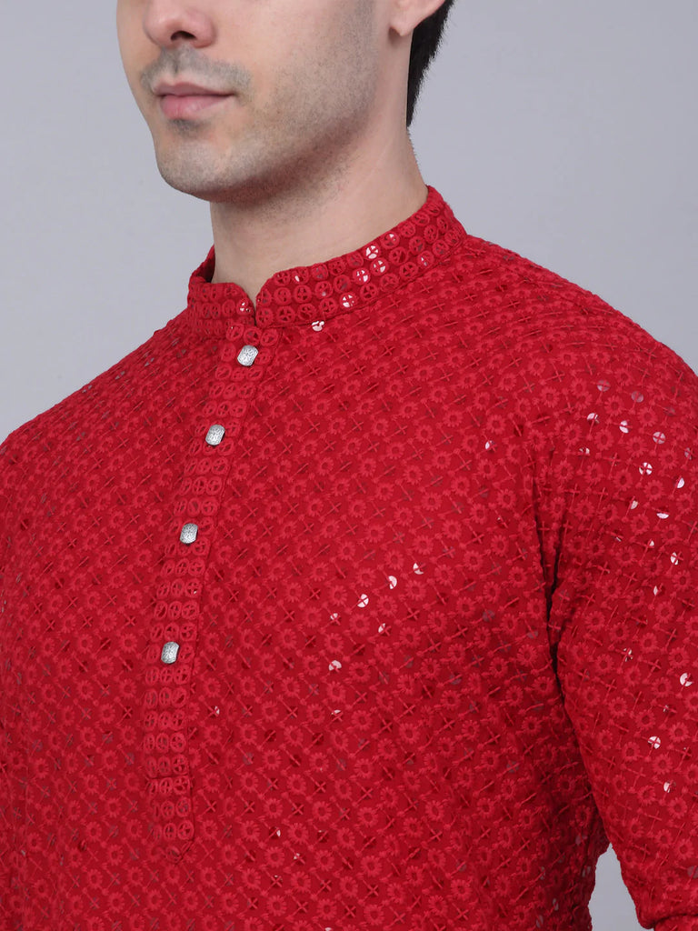 Men's Maroon Chikankari Embroidered and Sequence Kurta with Churidar ( JOKP 678 Maroon )