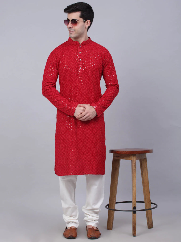 Men's Maroon Chikankari Embroidered and Sequence Kurta with Churidar ( JOKP 678 Maroon )