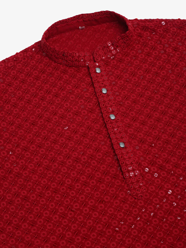 Men's Maroon Chikankari Embroidered and Sequence Kurta with Churidar ( JOKP 678 Maroon )