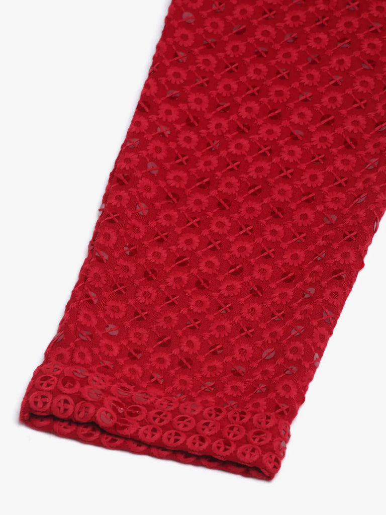 Men's Maroon Chikankari Embroidered and Sequence Kurta with Churidar ( JOKP 678 Maroon )