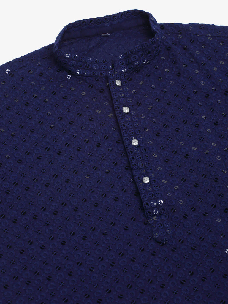Men's Navy Blue Chikankari Embroidered and Sequence Kurta with Churidar ( JOKP 678 Navy )