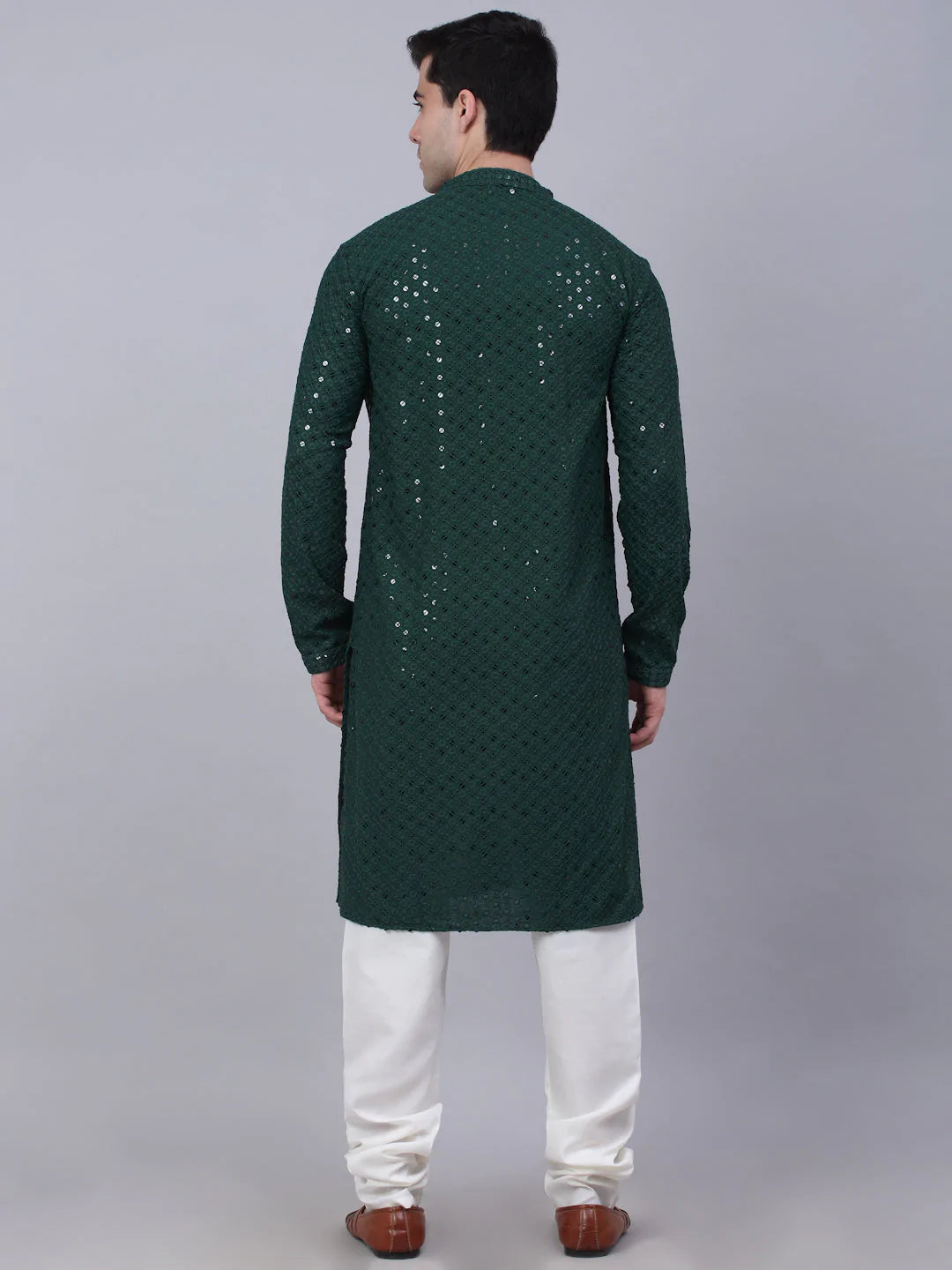 Men's Olive Green Chikankari Embroidered and Sequence Kurta with Churidar ( JOKP 678 Olive ) - Virat Fashions