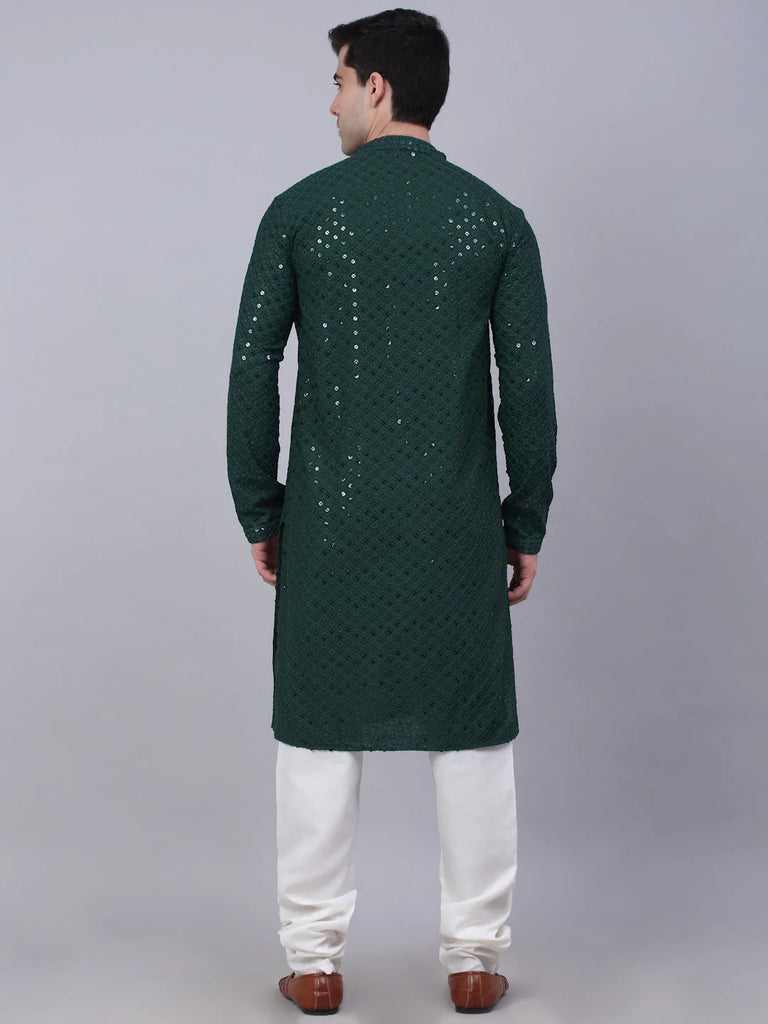 Men's Olive Green Chikankari Embroidered and Sequence Kurta with Churidar ( JOKP 678 Olive )