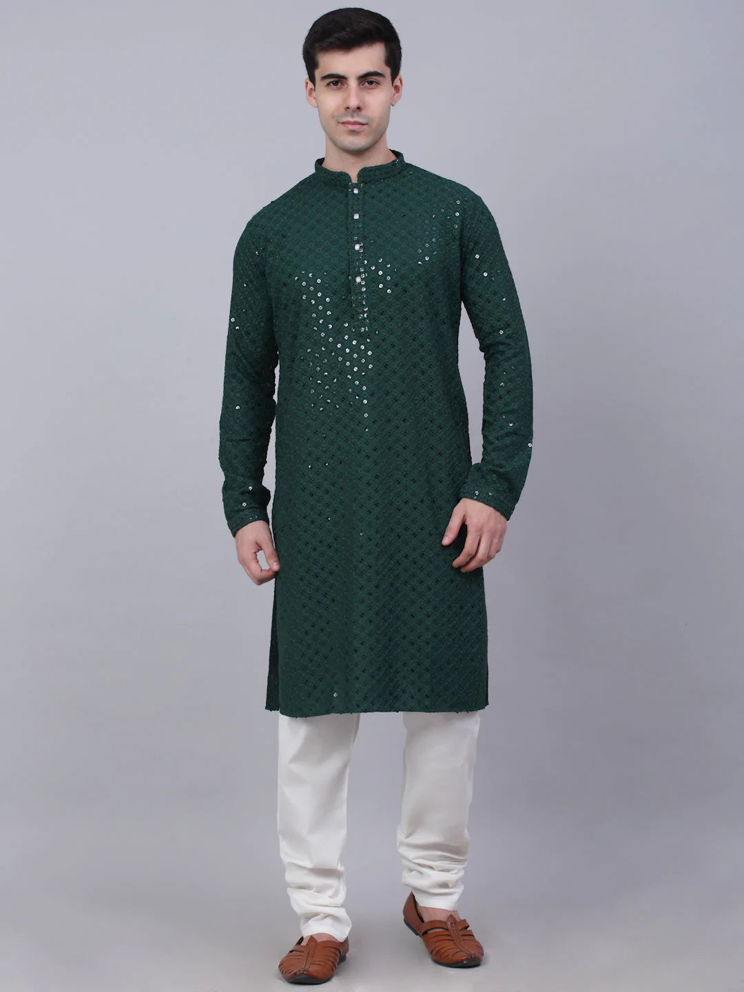 Men's Olive Green Chikankari Embroidered and Sequence Kurta with Churidar ( JOKP 678 Olive ) - Virat Fashions