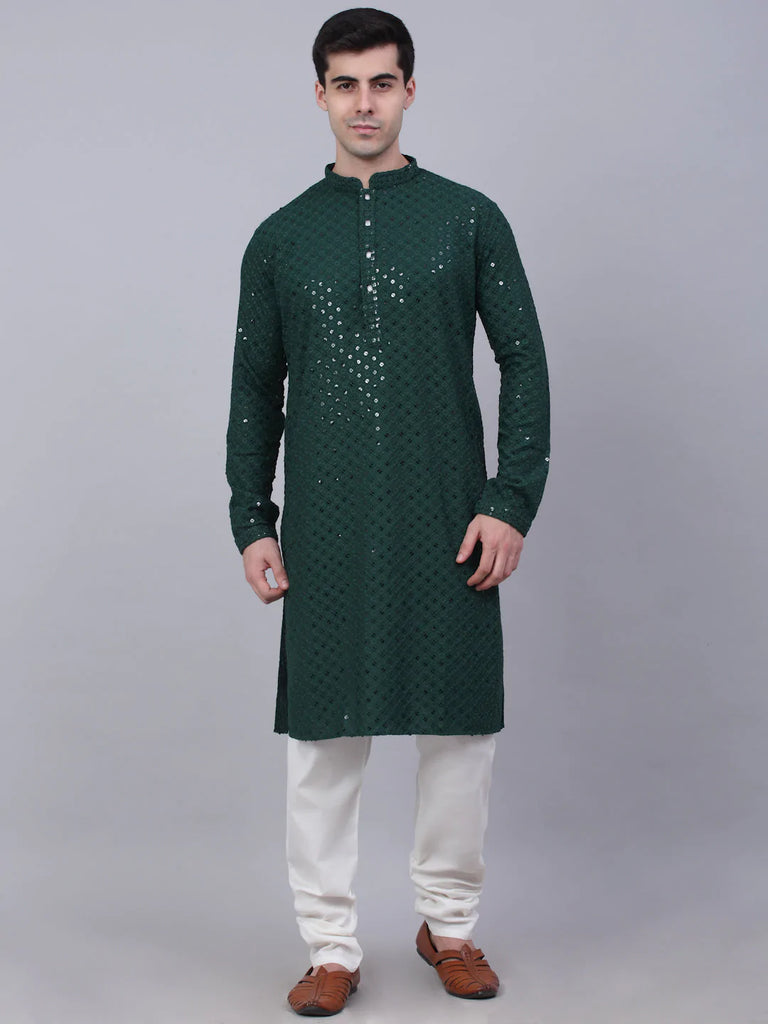 Men's Olive Green Chikankari Embroidered and Sequence Kurta with Churidar ( JOKP 678 Olive )