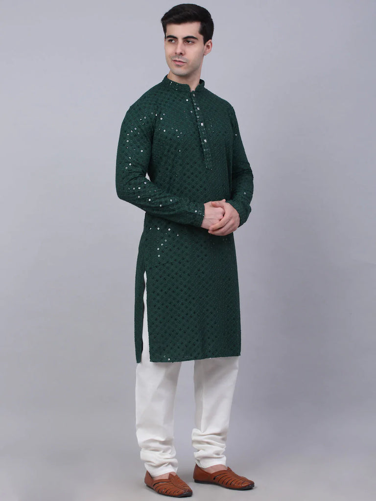Men's Olive Green Chikankari Embroidered and Sequence Kurta with Churidar ( JOKP 678 Olive )