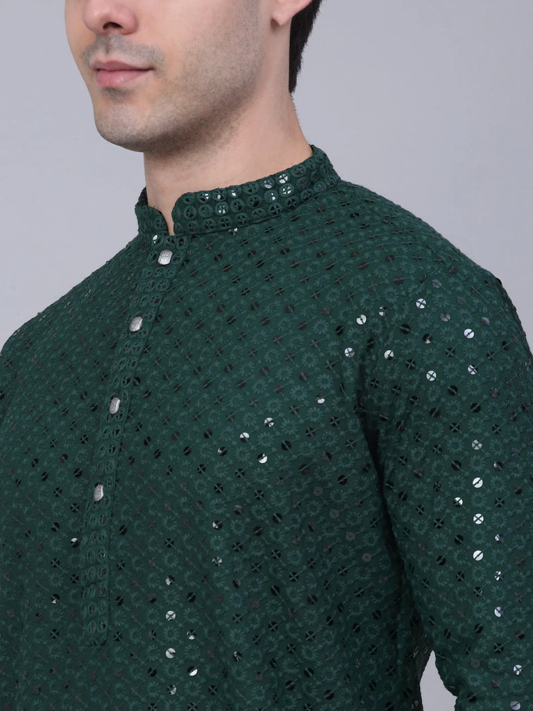 Men's Olive Green Chikankari Embroidered and Sequence Kurta with Churidar ( JOKP 678 Olive )