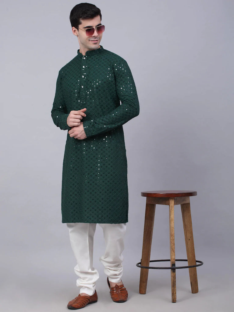 Men's Olive Green Chikankari Embroidered and Sequence Kurta with Churidar ( JOKP 678 Olive )