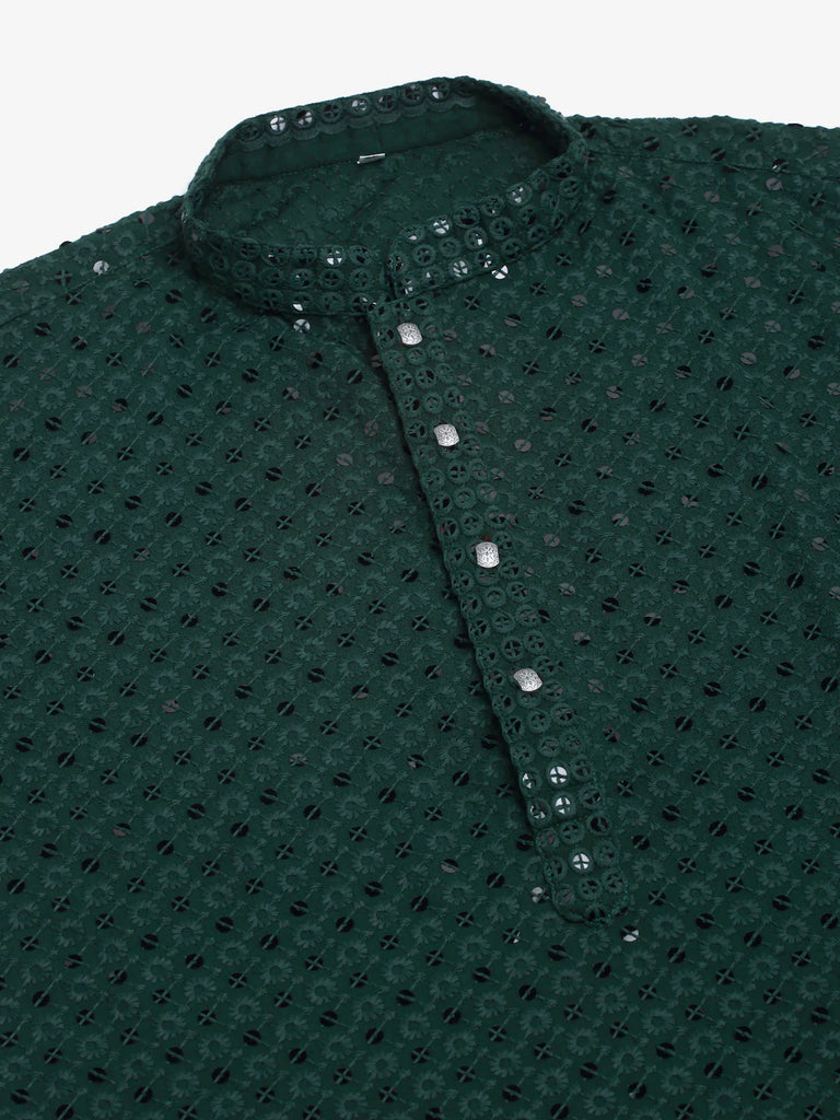 Men's Olive Green Chikankari Embroidered and Sequence Kurta with Churidar ( JOKP 678 Olive )