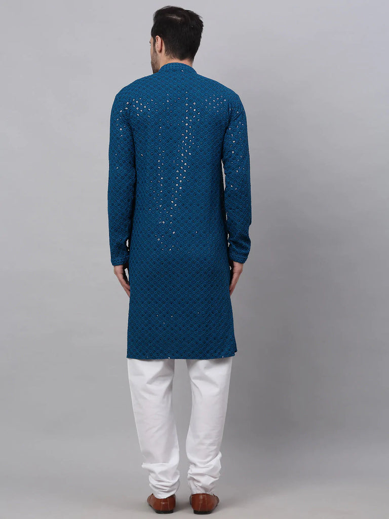 Men's Blue Chikankari Embroidered and Sequence Kurta with Churidar ( JOKP 678 Peacock )