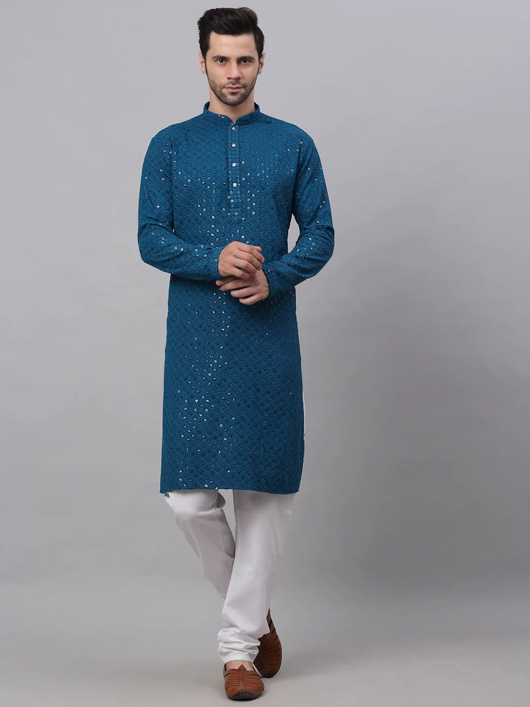 Men's Blue Chikankari Embroidered and Sequence Kurta with Churidar ( JOKP 678 Peacock )