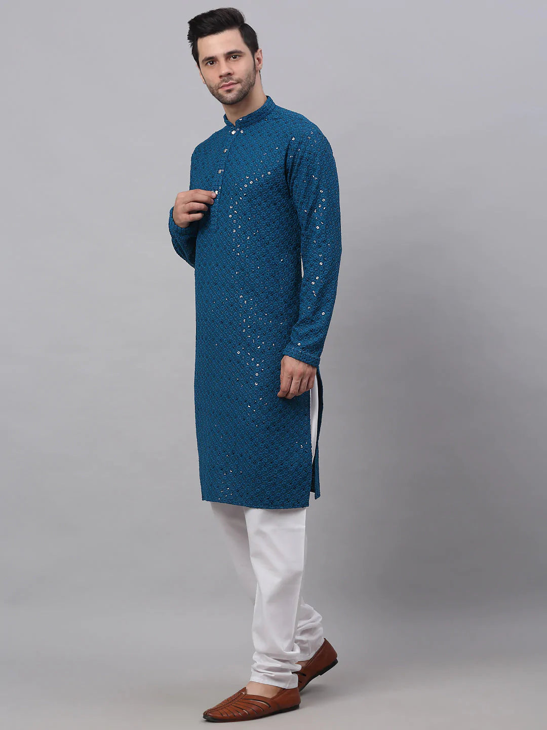Men's Blue Chikankari Embroidered and Sequence Kurta with Churidar ( JOKP 678 Peacock ) - Virat Fashions