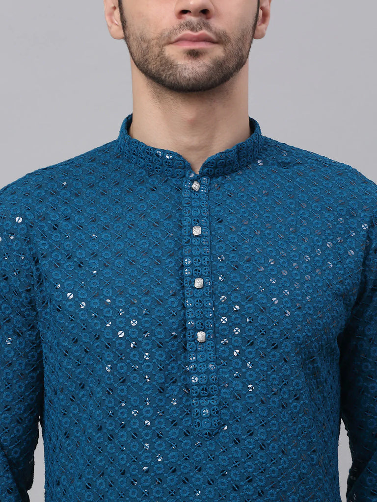 Men's Blue Chikankari Embroidered and Sequence Kurta with Churidar ( JOKP 678 Peacock )