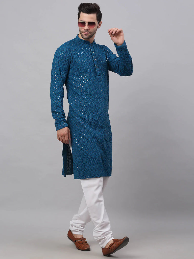 Men's Blue Chikankari Embroidered and Sequence Kurta with Churidar ( JOKP 678 Peacock )