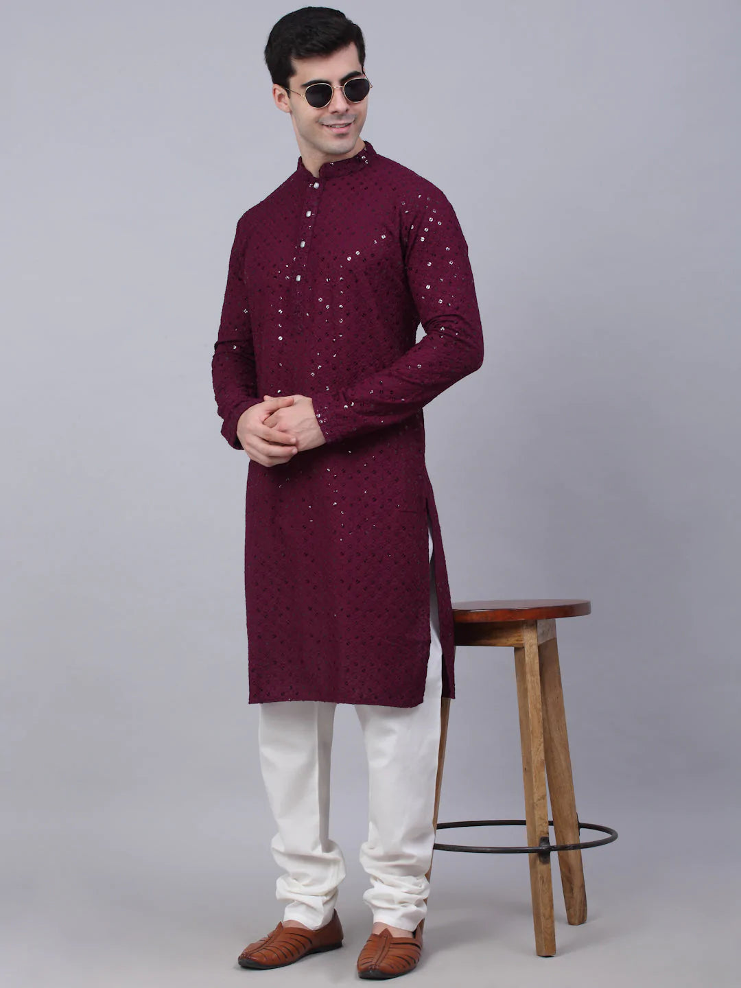 Men's Purple Chikankari Embroidered and Sequence Kurta with Churidar ( JOKP 678 Purple ) - Virat Fashions