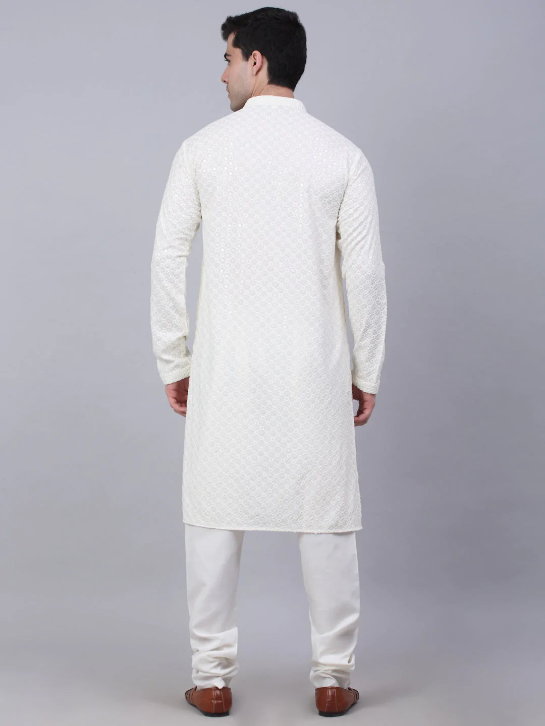 Men's White Chikankari Embroidered and Sequence Kurta with Churidar ( JOKP 678 White ) - Virat Fashions