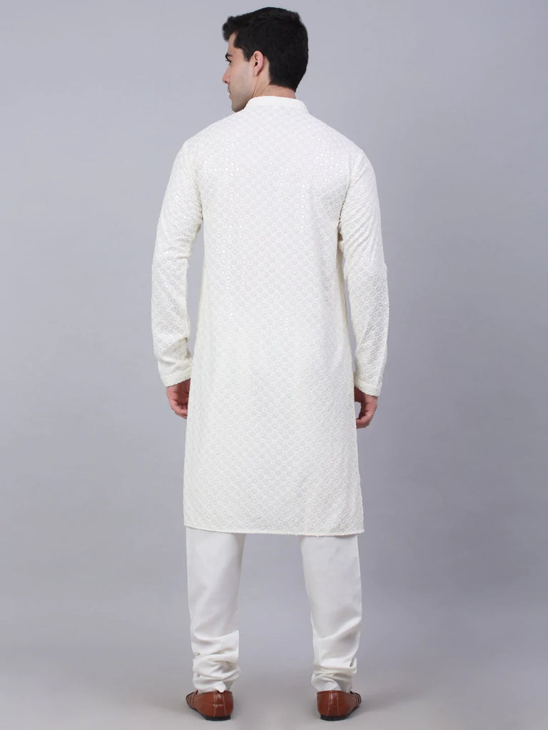 Men's White Chikankari Embroidered and Sequence Kurta with Churidar ( JOKP 678 White )