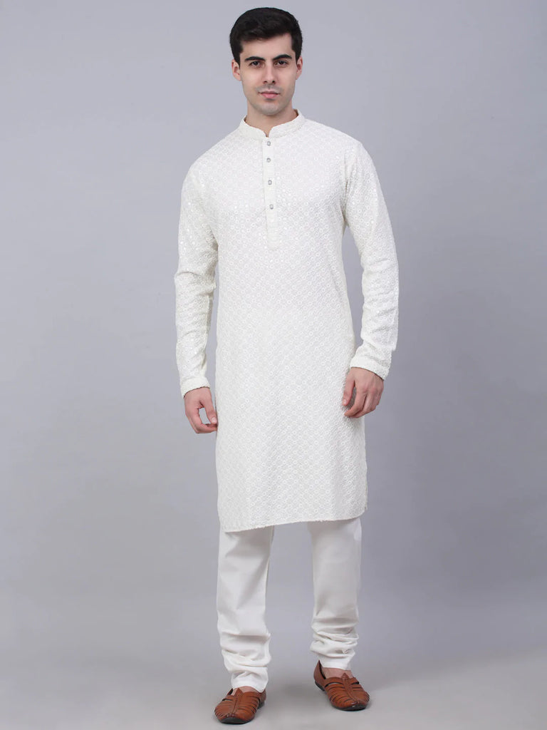 Men's White Chikankari Embroidered and Sequence Kurta with Churidar ( JOKP 678 White )