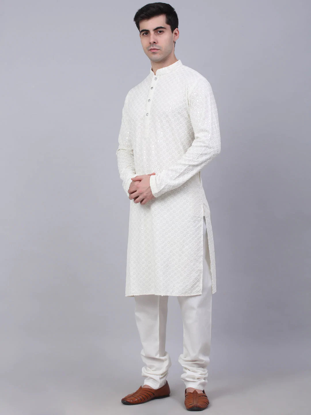 Men's White Chikankari Embroidered and Sequence Kurta with Churidar ( JOKP 678 White ) - Virat Fashions