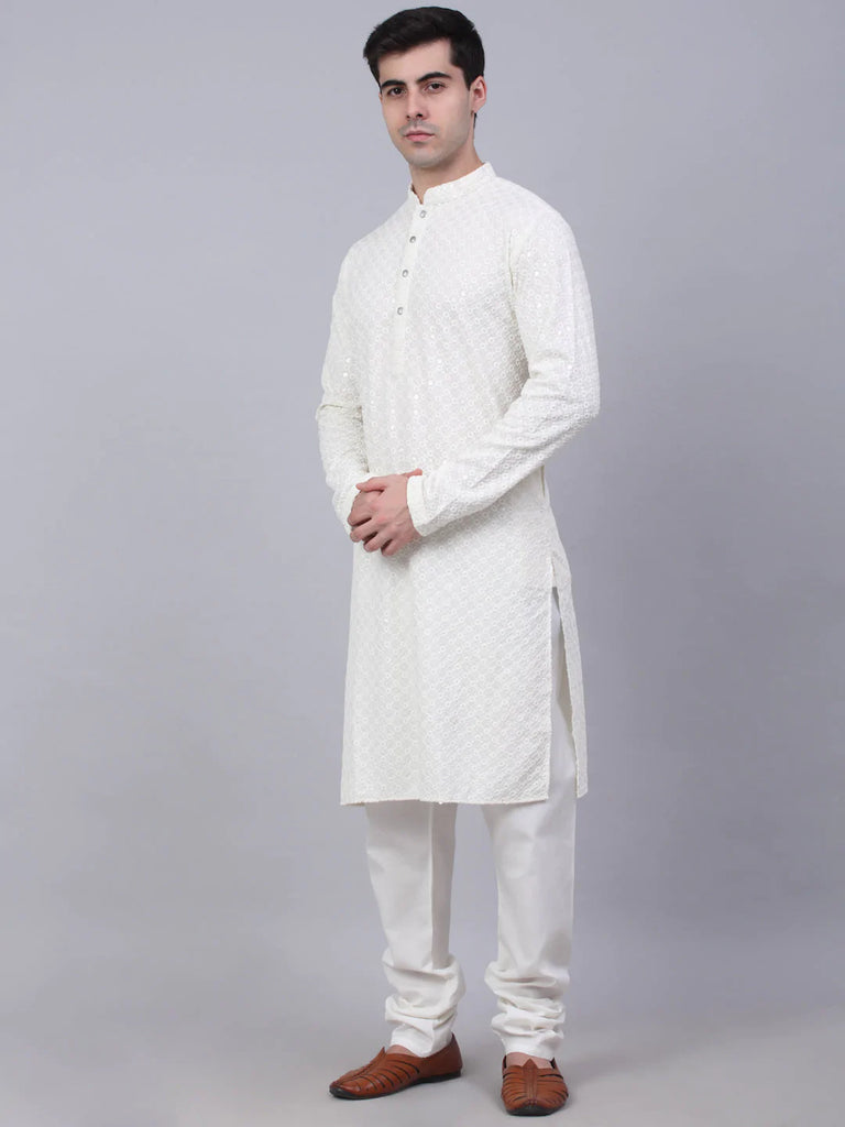 Men's White Chikankari Embroidered and Sequence Kurta with Churidar ( JOKP 678 White )