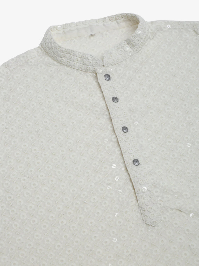 Men's White Chikankari Embroidered and Sequence Kurta with Churidar ( JOKP 678 White )
