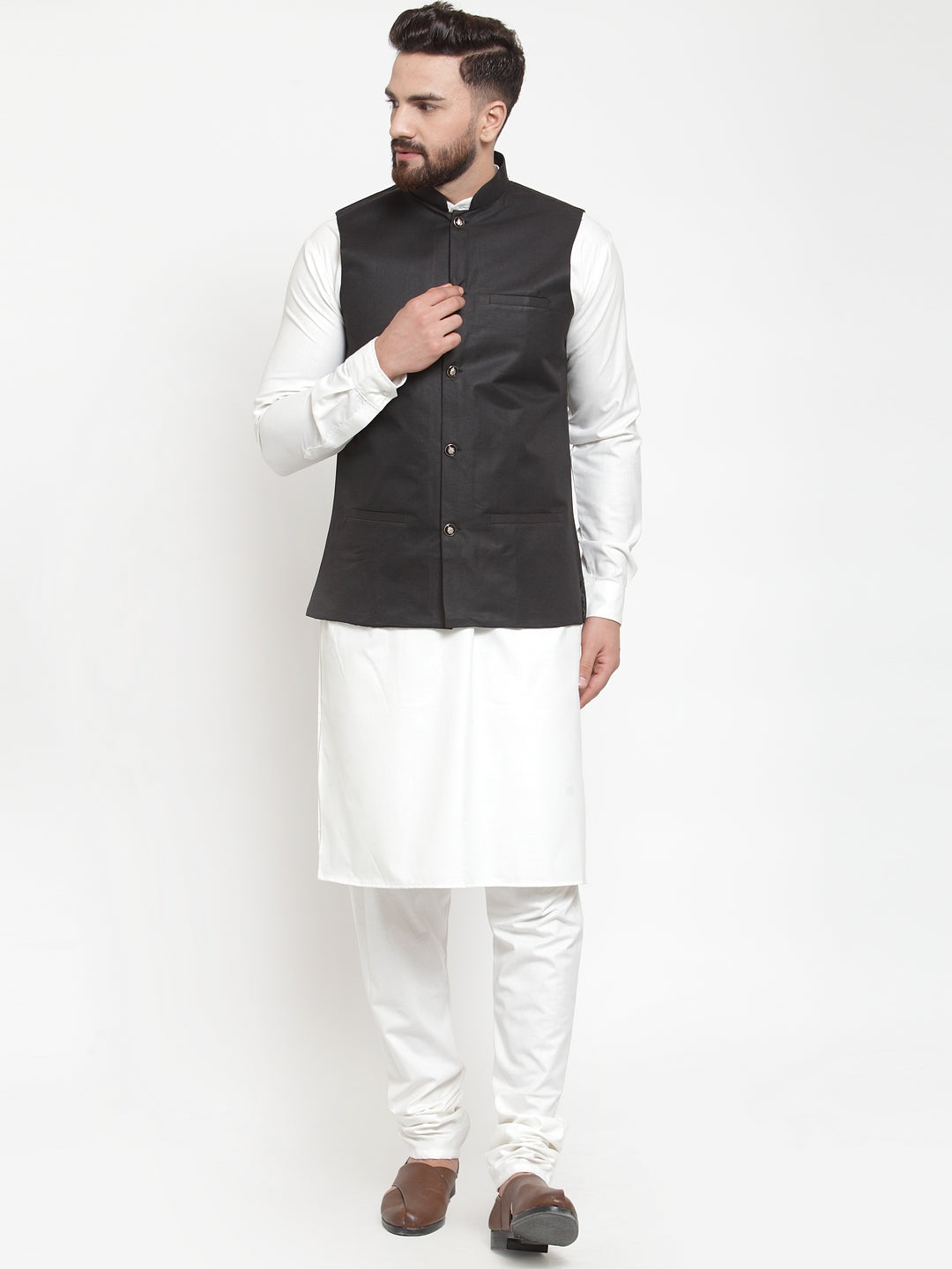 Men's Solid Kurta Pajama with Solid Waistcoat ( JOKP WC 4051Black ) - Virat Fashions
