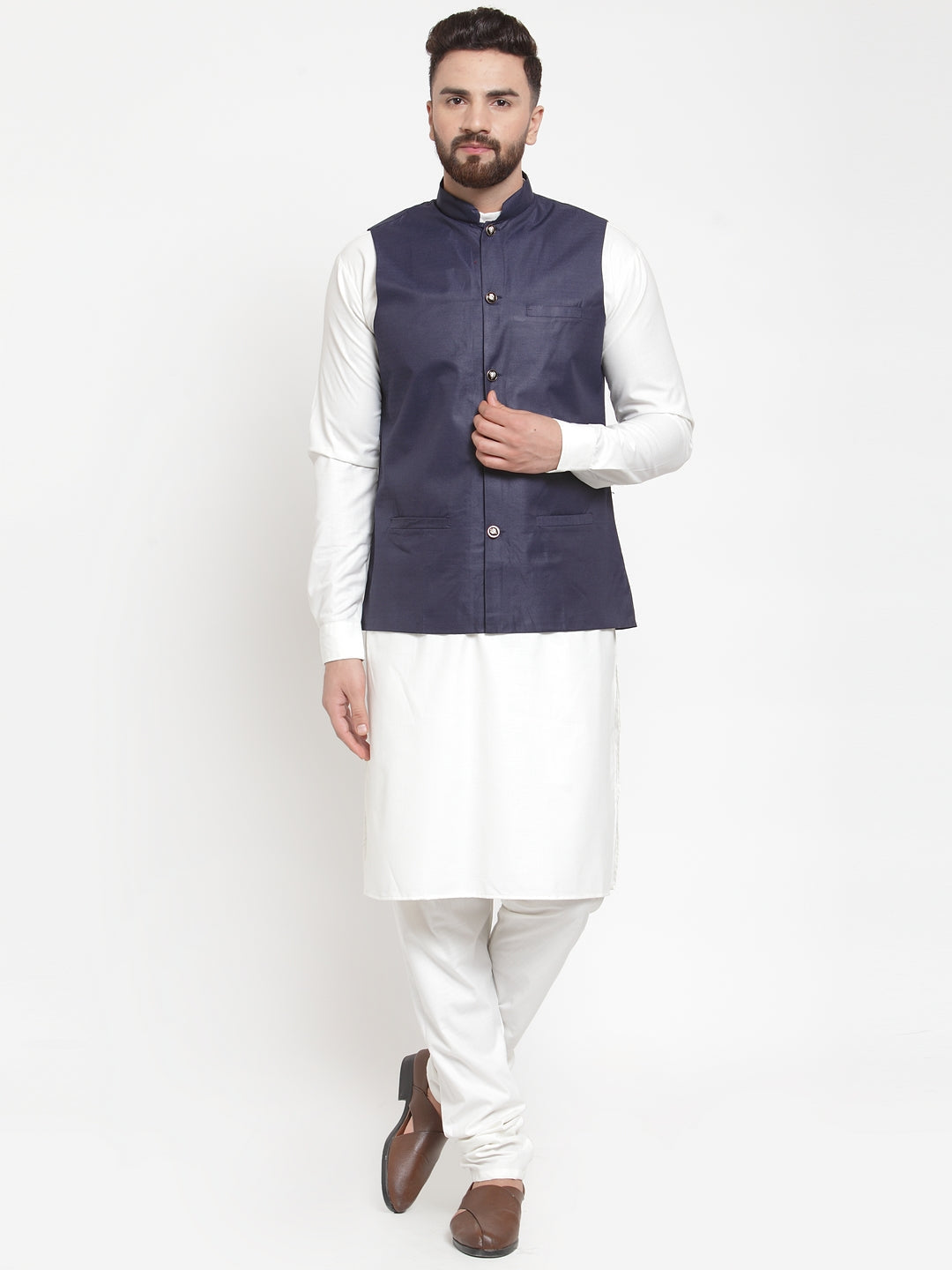 Men's Solid Kurta Pajama with Solid Waistcoat ( JOKP WC 4051Navy ) - Virat Fashions