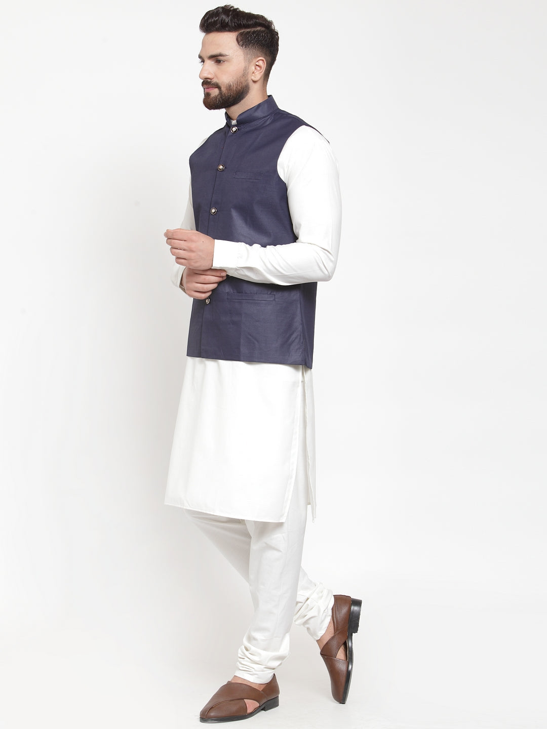 Men's Solid Kurta Pajama with Solid Waistcoat ( JOKP WC 4051Navy ) - Virat Fashions