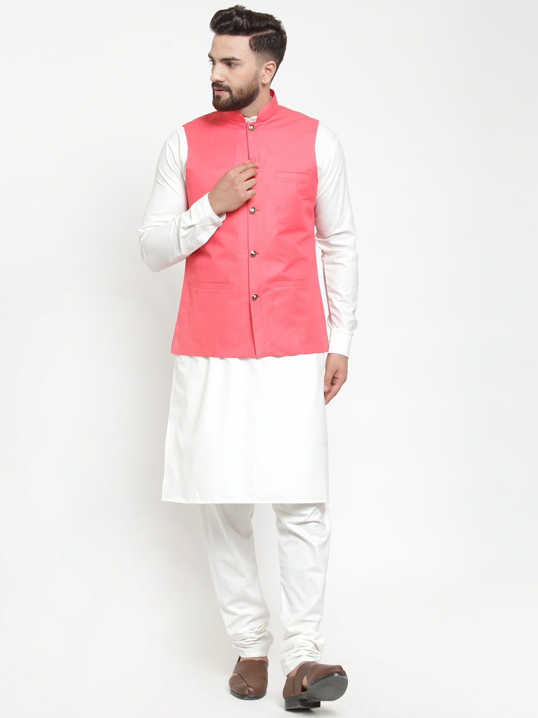 Men's Solid Kurta Pajama with Solid Waistcoat ( JOKP WC 4051Peach ) - Virat Fashions