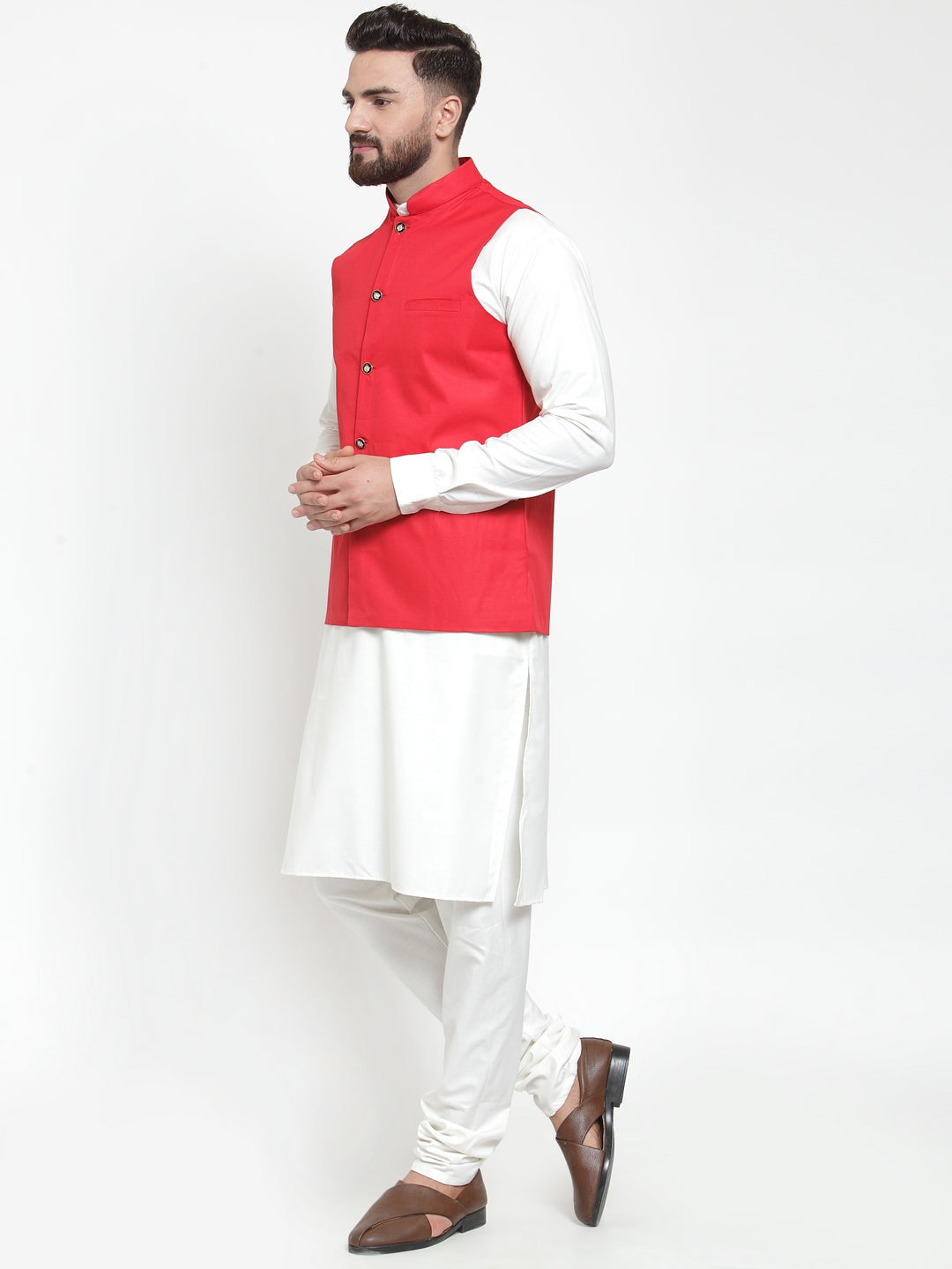 Men's Solid Kurta Pajama with Solid Waistcoat ( JOKP WC 4051Red ) - Virat Fashions