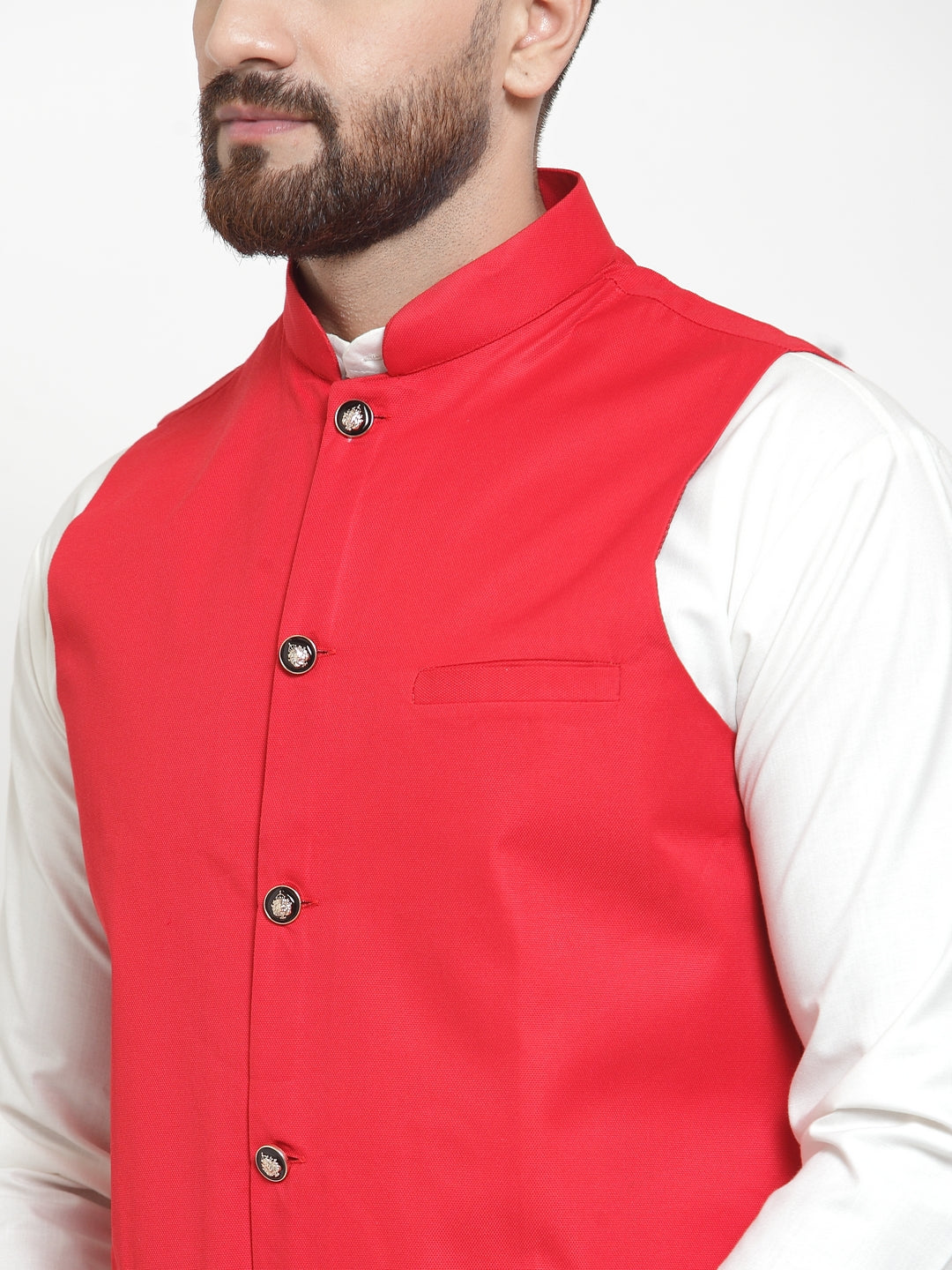 Men's Solid Kurta Pajama with Solid Waistcoat ( JOKP WC 4051Red ) - Virat Fashions