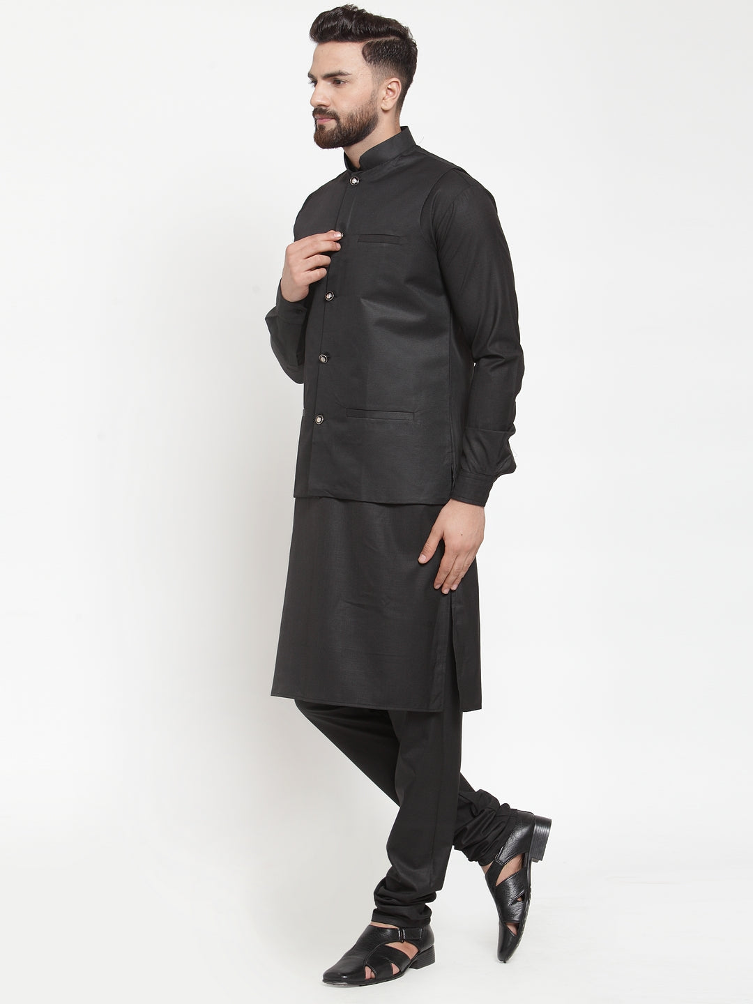Men's Solid Kurta Pajama with Solid Waistcoat ( JOKP WC 4052Black ) - Virat Fashions
