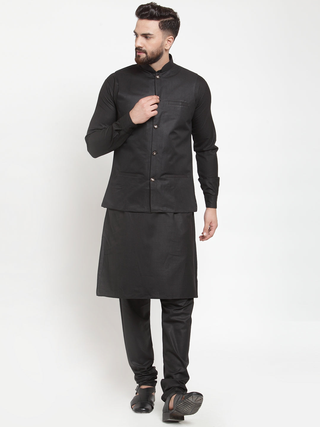 Men's Solid Kurta Pajama with Solid Waistcoat ( JOKP WC 4052Black ) - Virat Fashions