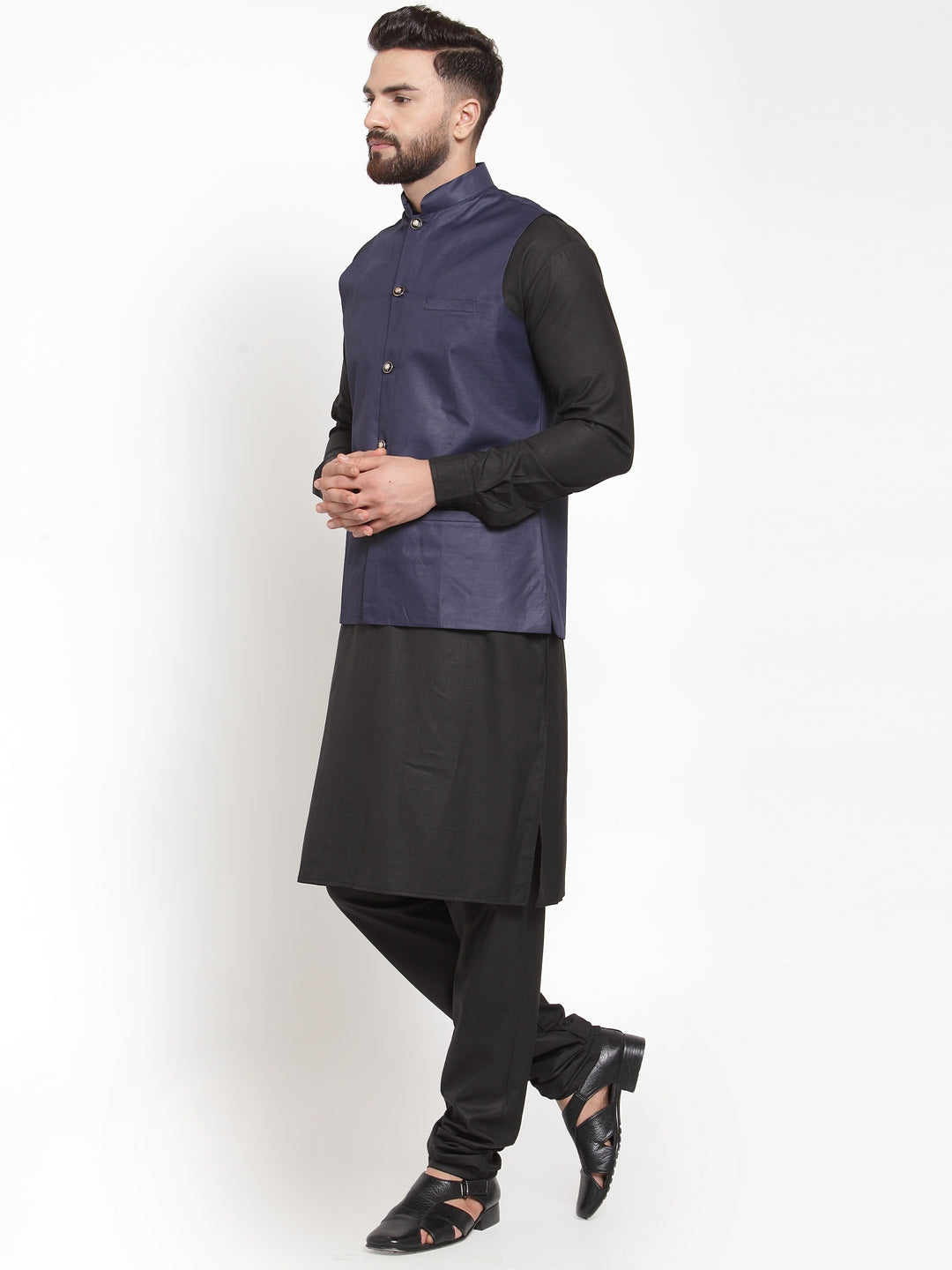 Men's Solid Kurta Pajama with Solid Waistcoat ( JOKP WC 4052Navy ) - Virat Fashions