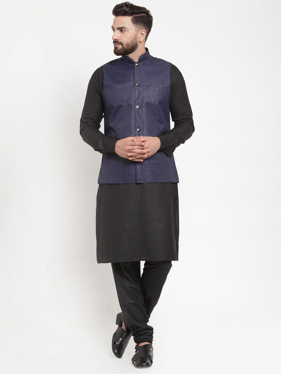 Men's Solid Kurta Pajama with Solid Waistcoat ( JOKP WC 4052Navy ) - Virat Fashions