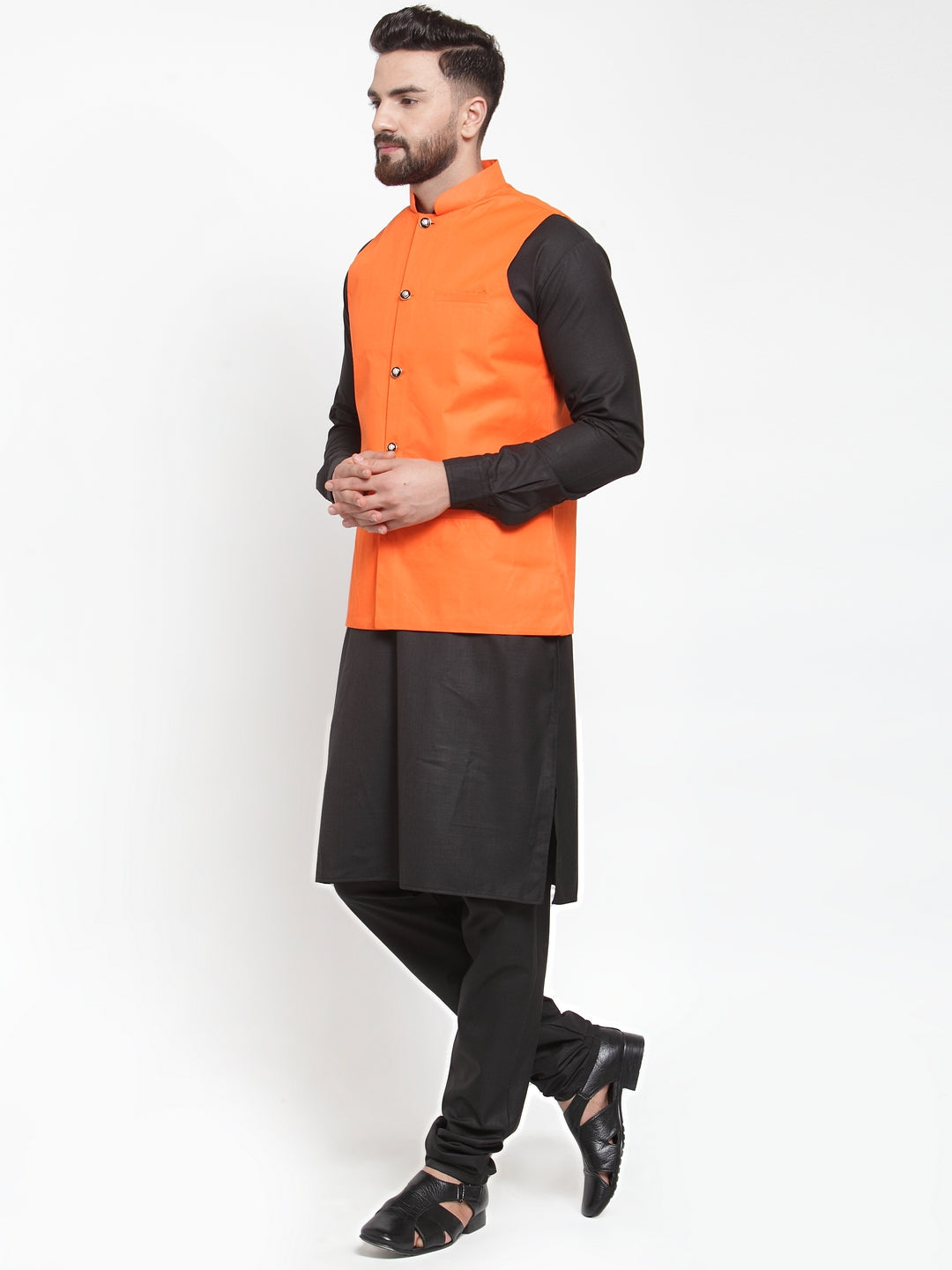 Men's Solid Kurta Pajama with Solid Waistcoat ( JOKP WC 4052Orange ) - Virat Fashions
