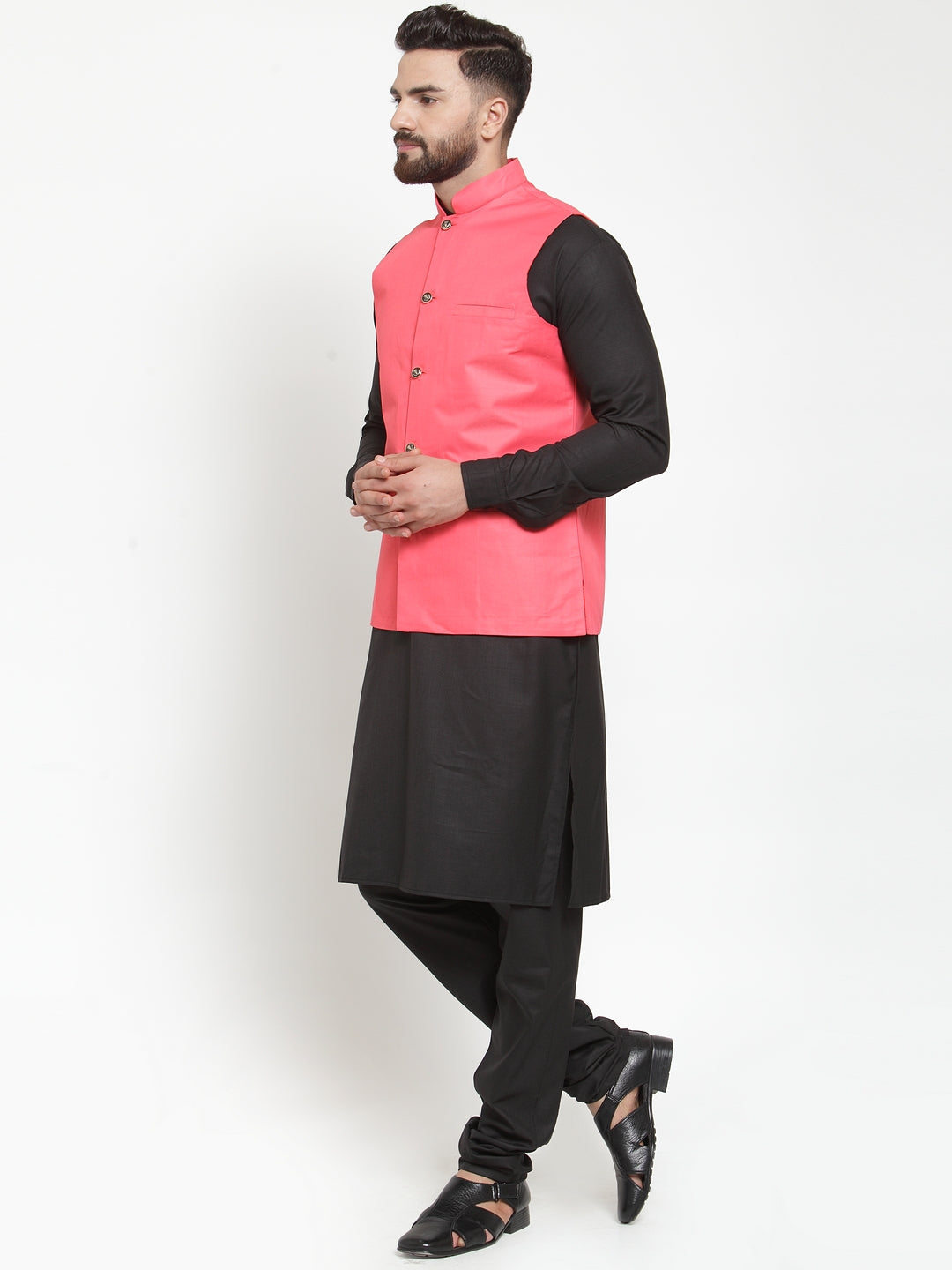 Men's Solid Kurta Pajama with Solid Waistcoat ( JOKP WC 4052Peach ) - Virat Fashions