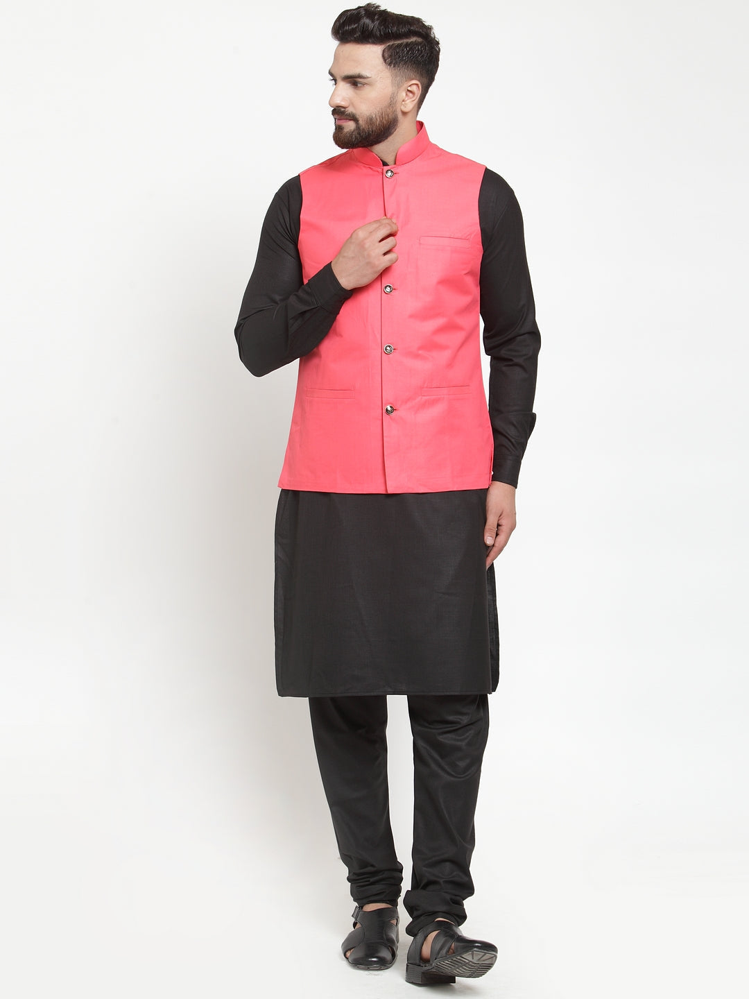 Men's Solid Kurta Pajama with Solid Waistcoat ( JOKP WC 4052Peach ) - Virat Fashions