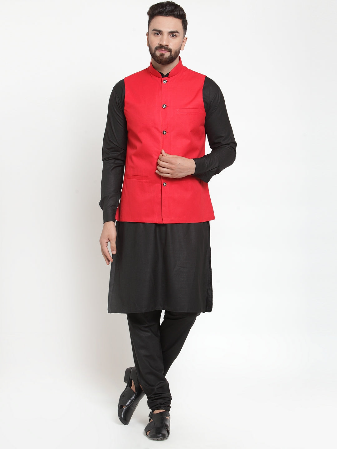 Men's Solid Kurta Pajama with Solid Waistcoat ( JOKP WC 4052Red ) - Virat Fashions