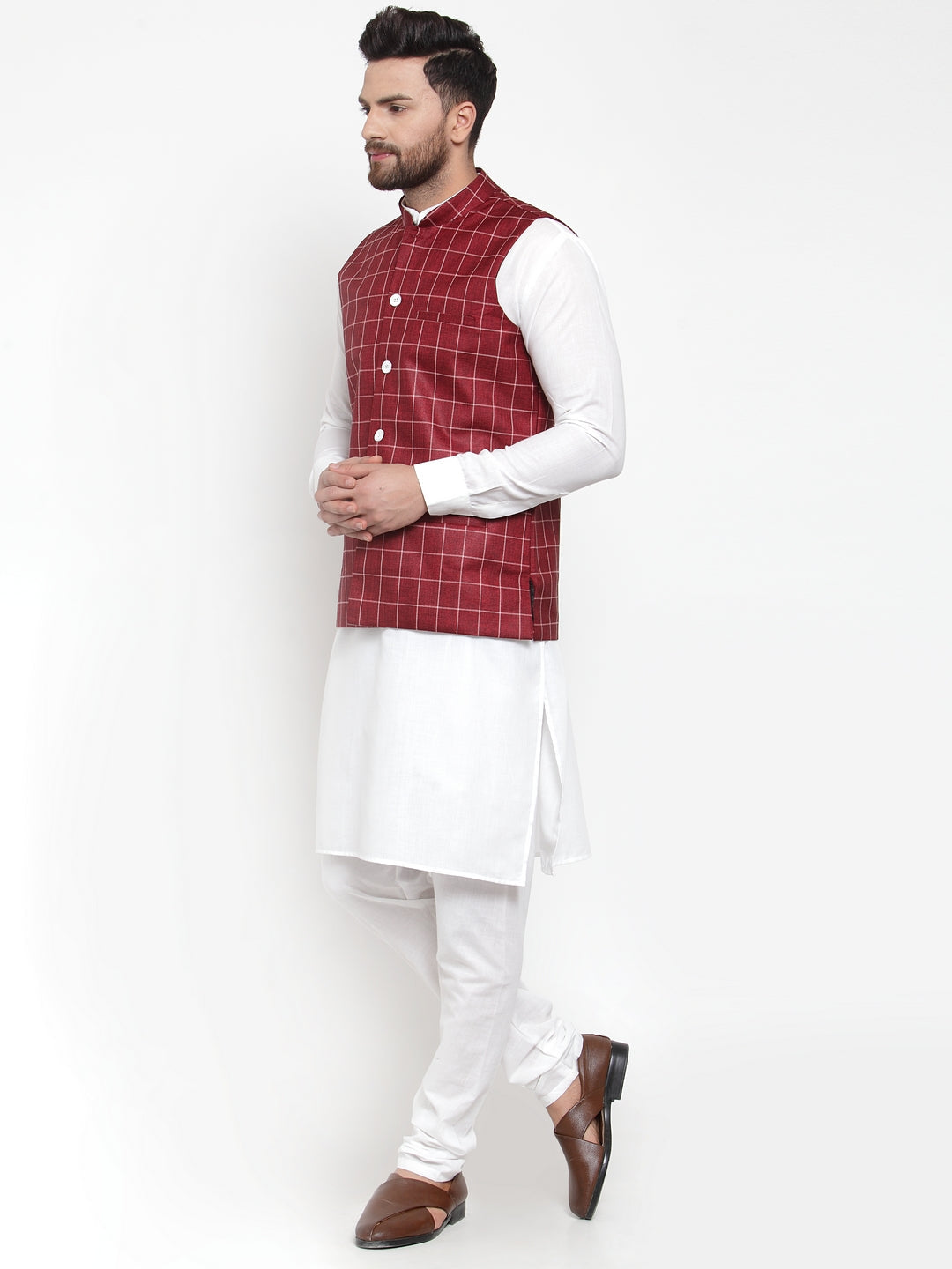 Men's Solid Kurta Pajama with Checked Waistcoat ( JOKP WC 4053 Maroon ) - Virat Fashions