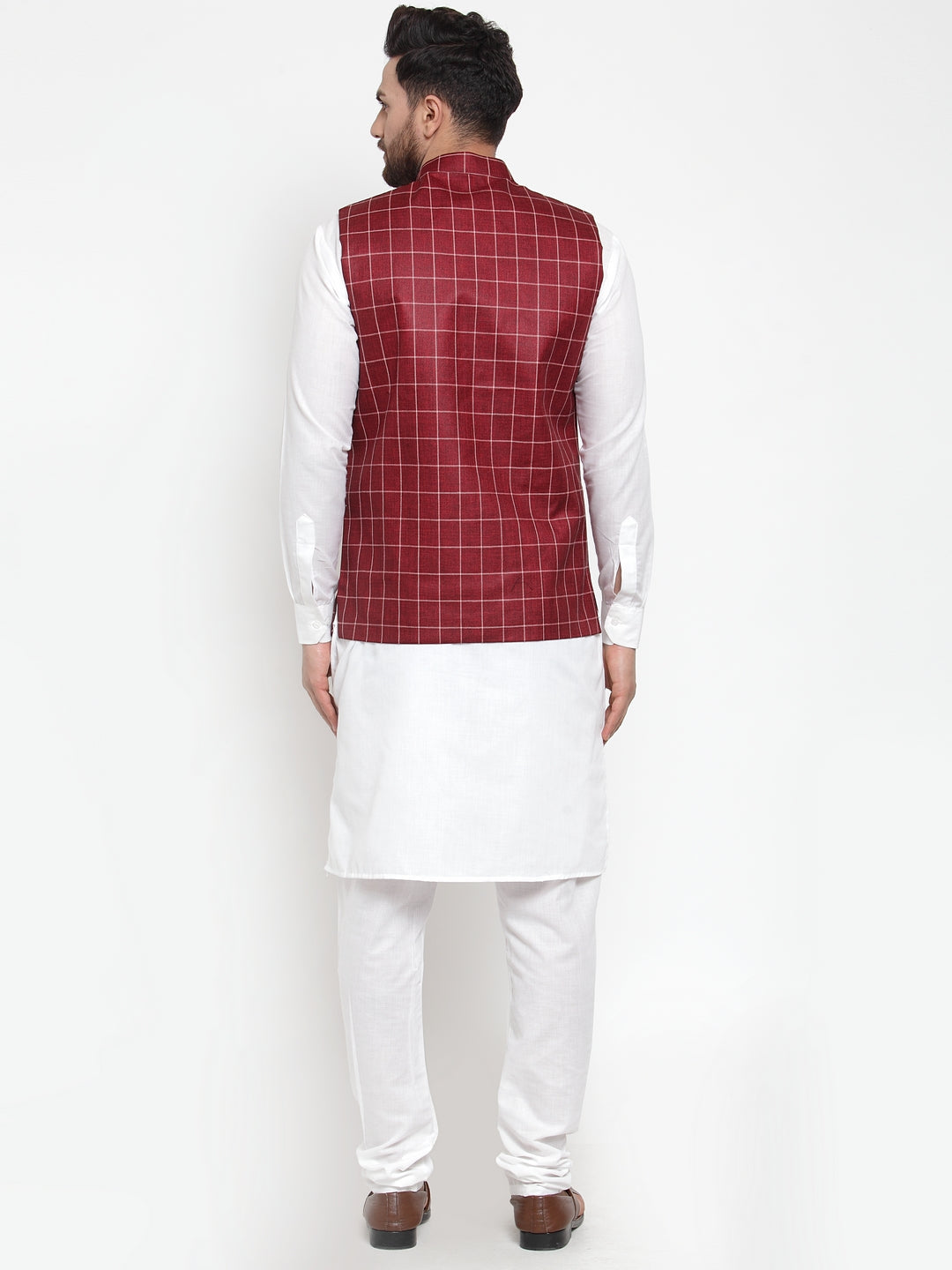 Men's Solid Kurta Pajama with Checked Waistcoat ( JOKP WC 4053 Maroon ) - Virat Fashions