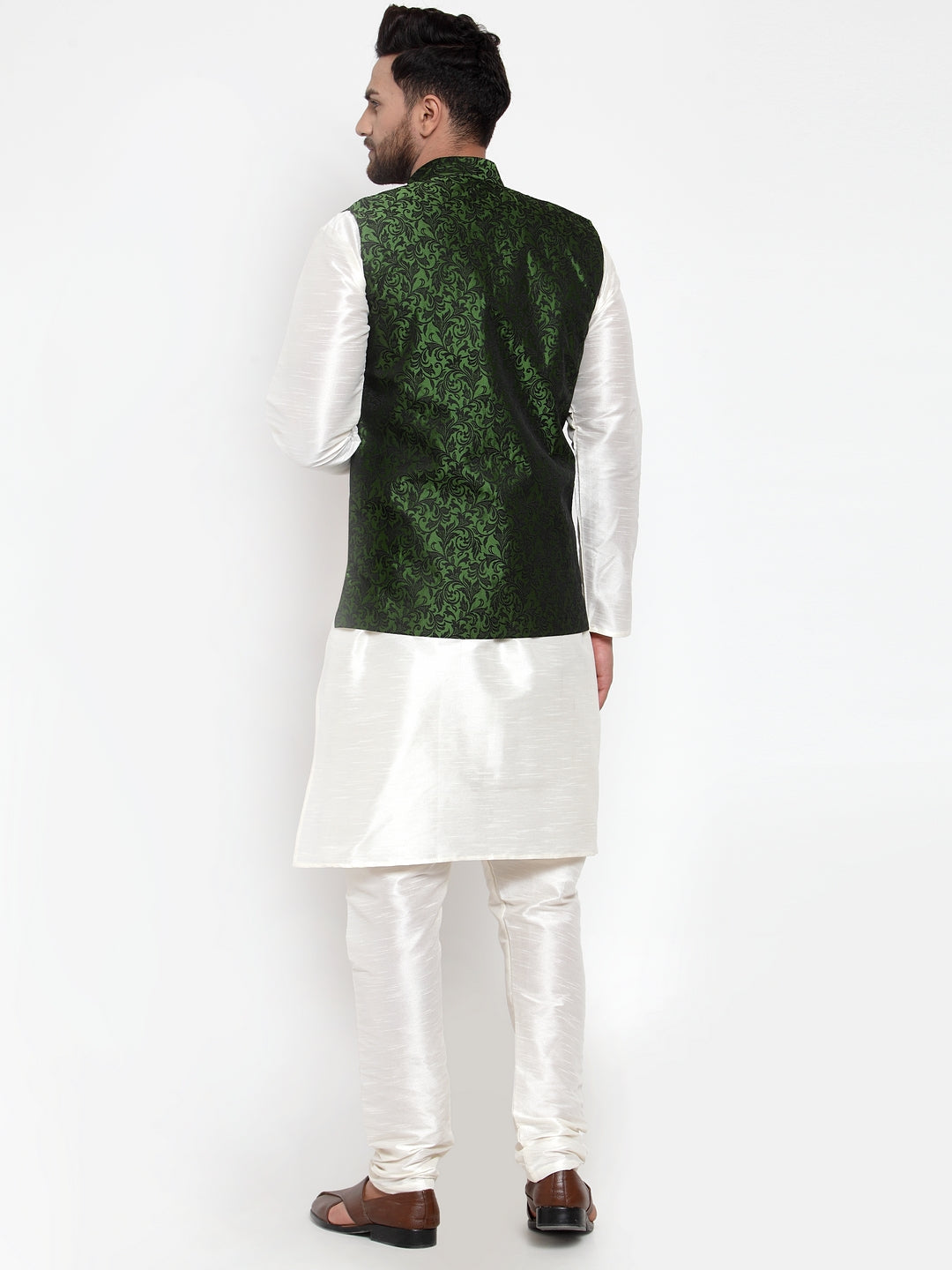 Men's Solid Dupion Kurta Pajama with Woven Jacquard Waistcoat ( JOKP WC 4054 Mehndi ) - Virat Fashions