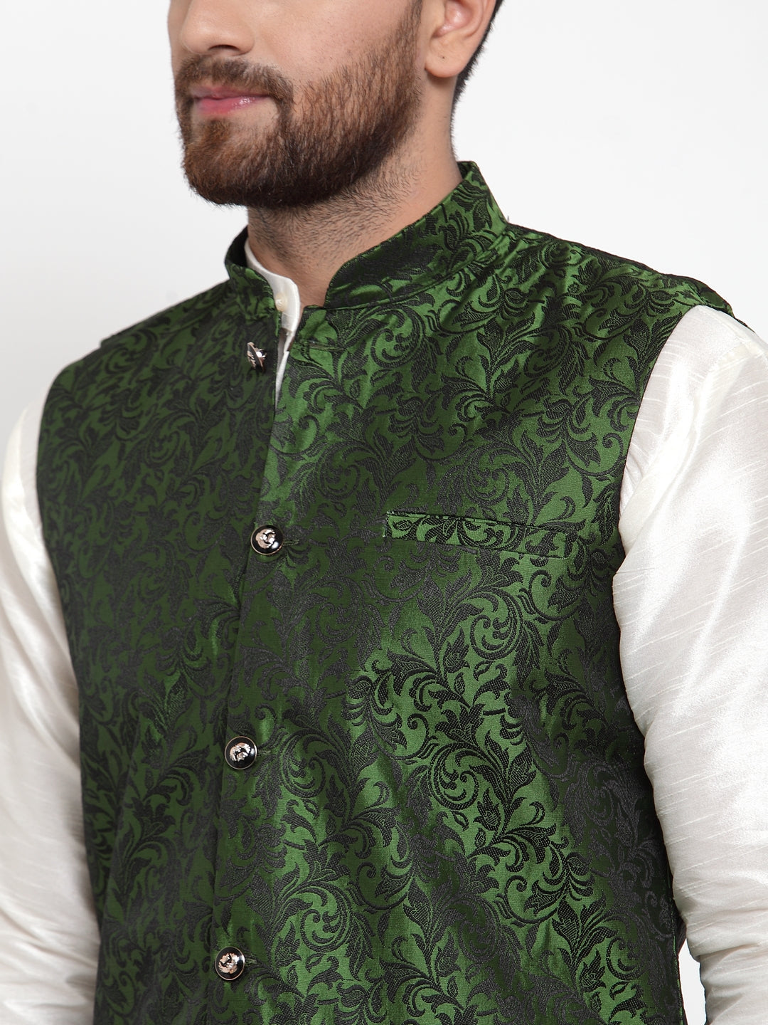 Men's Solid Dupion Kurta Pajama with Woven Jacquard Waistcoat ( JOKP WC 4054 Mehndi ) - Virat Fashions