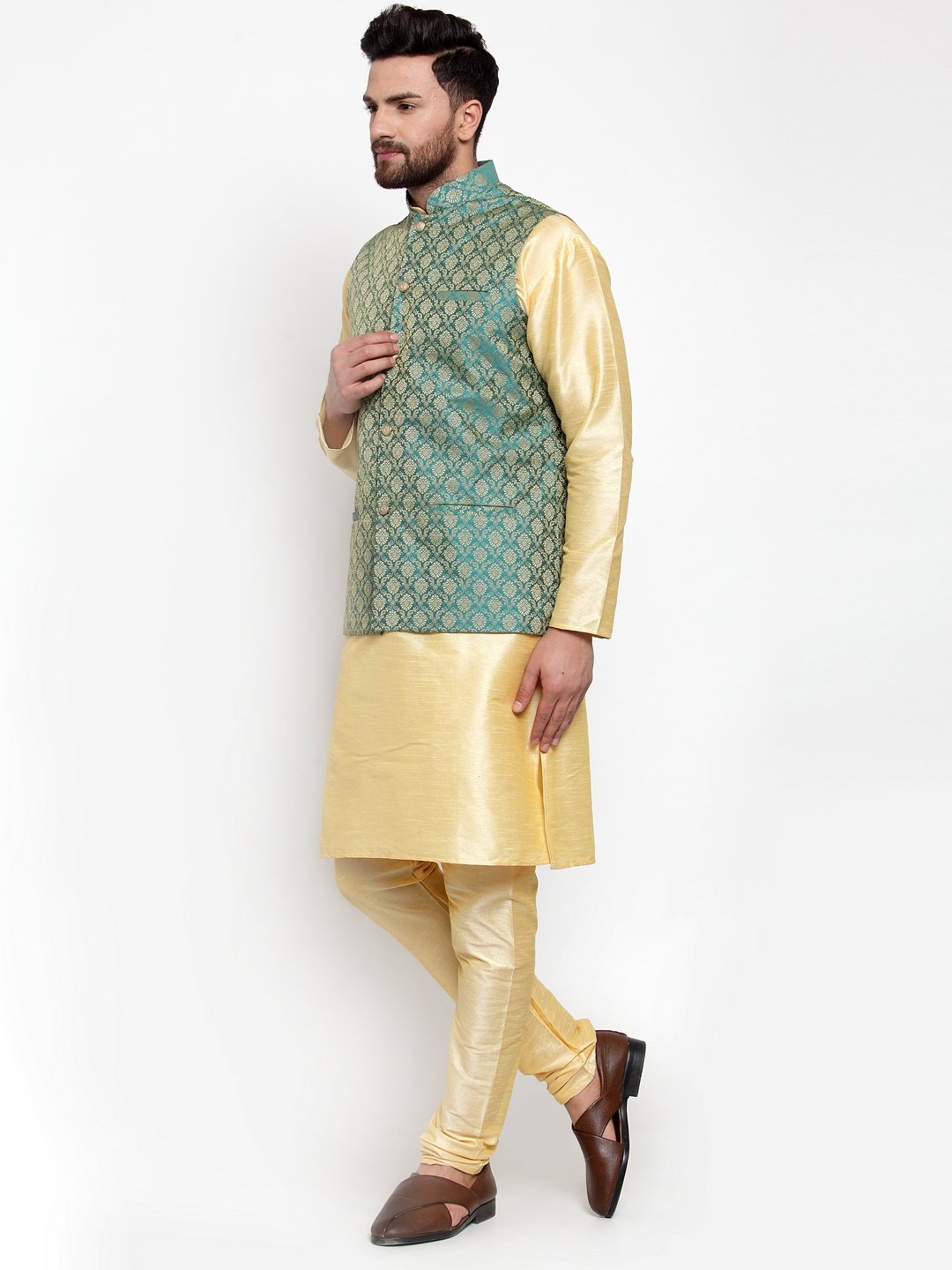 Men's Golden Solid Kurta with Churidar & Green Jacquard Nehru Jacket - Virat Fashions