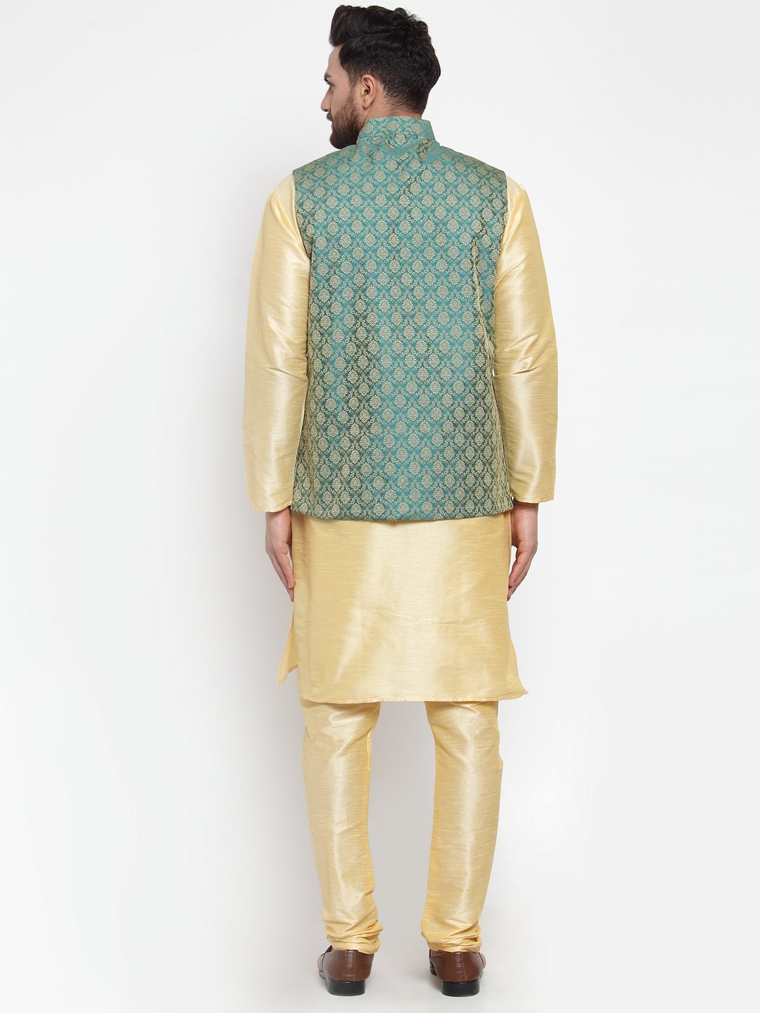 Men's Golden Solid Kurta with Churidar & Green Jacquard Nehru Jacket - Virat Fashions