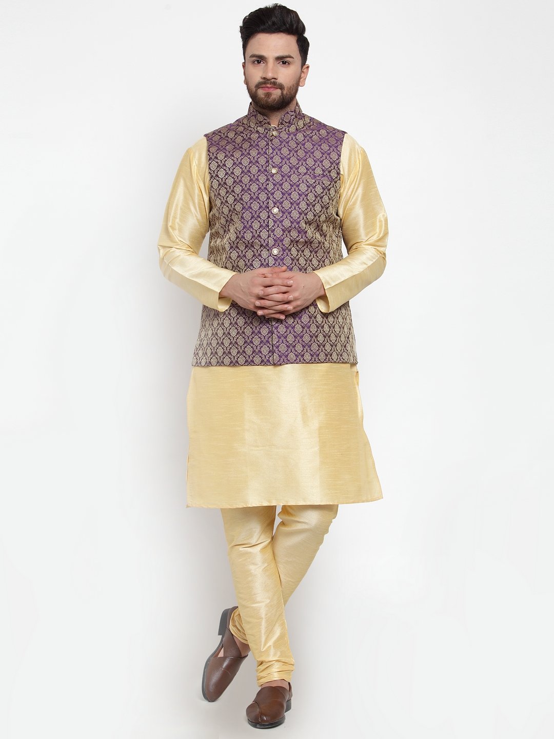 Men's Golden Solid Kurta with Churidar & Purple Jacquard Nehru Jacket - Virat Fashions